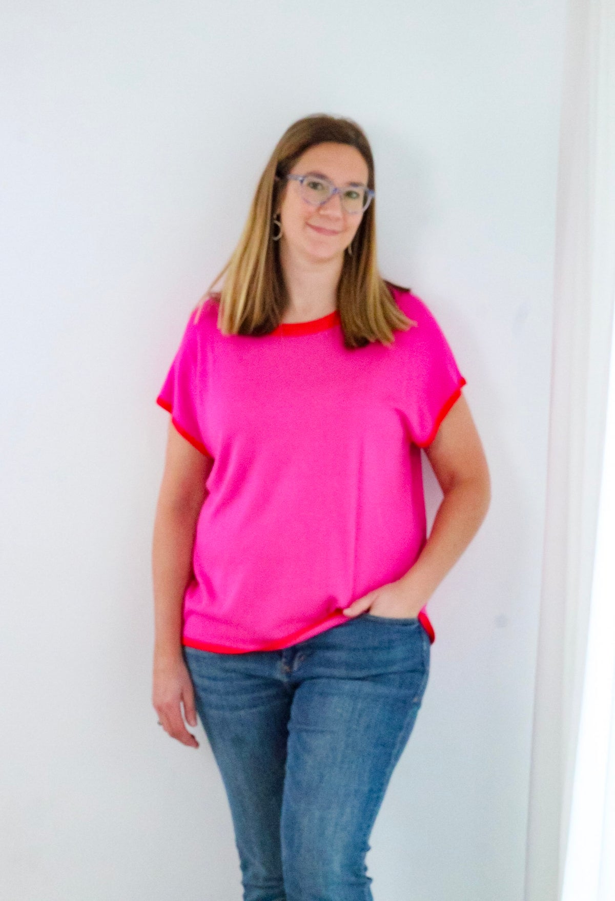 Short Sleeve Pink and Red Trimmed Sweater