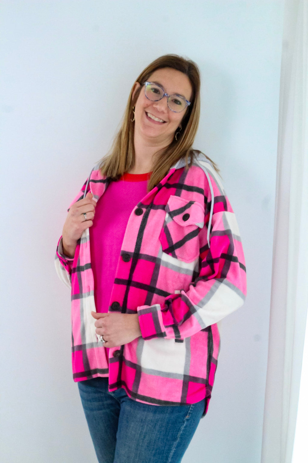 Plaid Drawstring Hooded Fleece Shacket