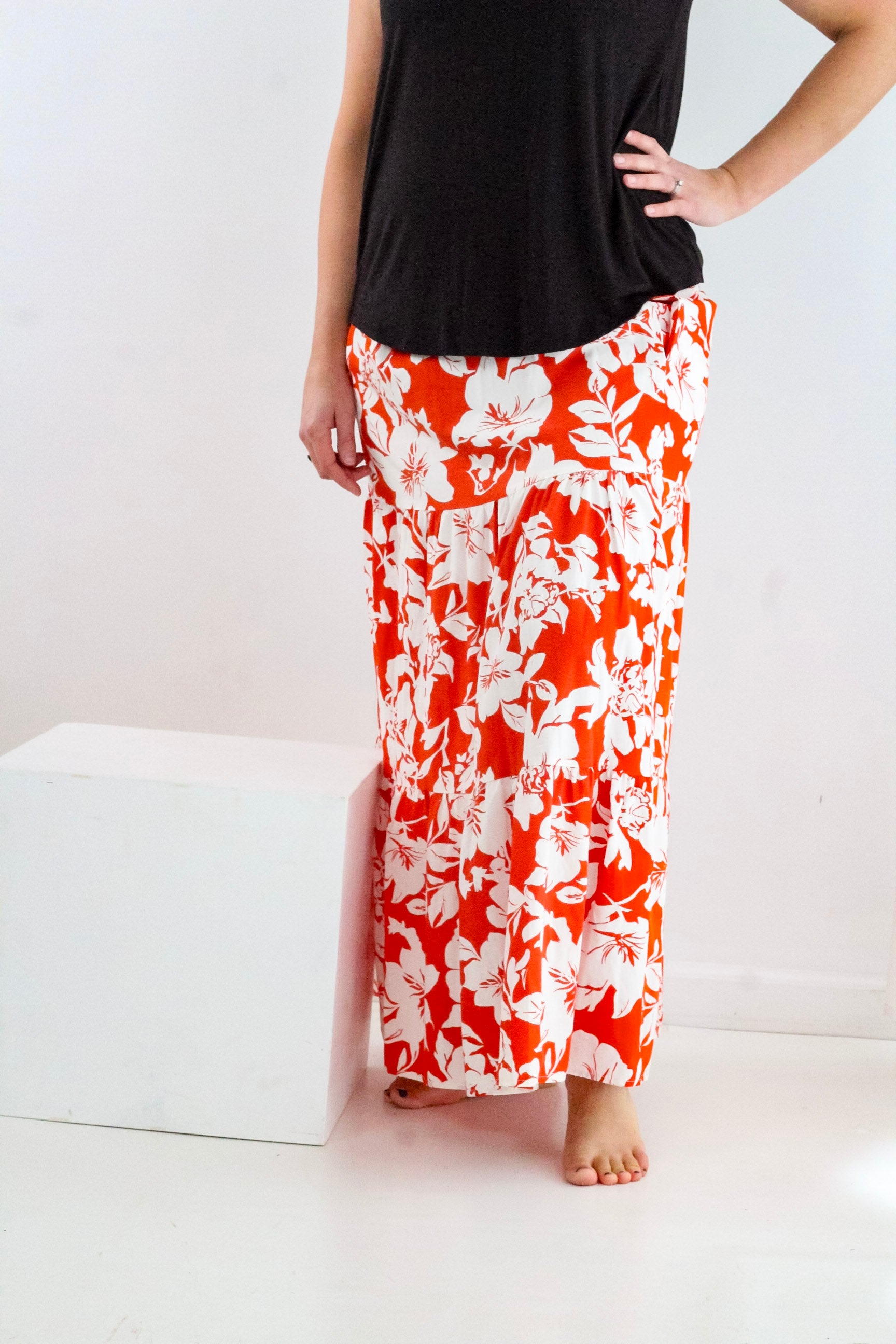 Floral Orange Mid Length Skirt w/ Slit
