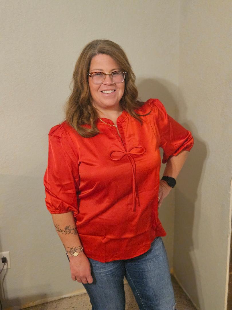 Fiery Red Solid Color Frilled V Neck Bow Detail 3/4 Sleeve Blouse