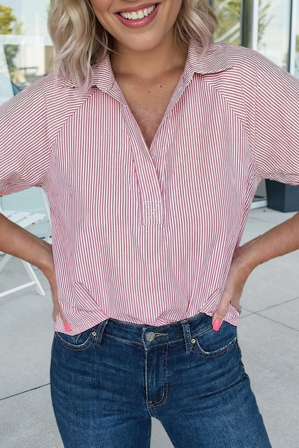 Striped Print Collared Split Neck Half Sleeve Blouse