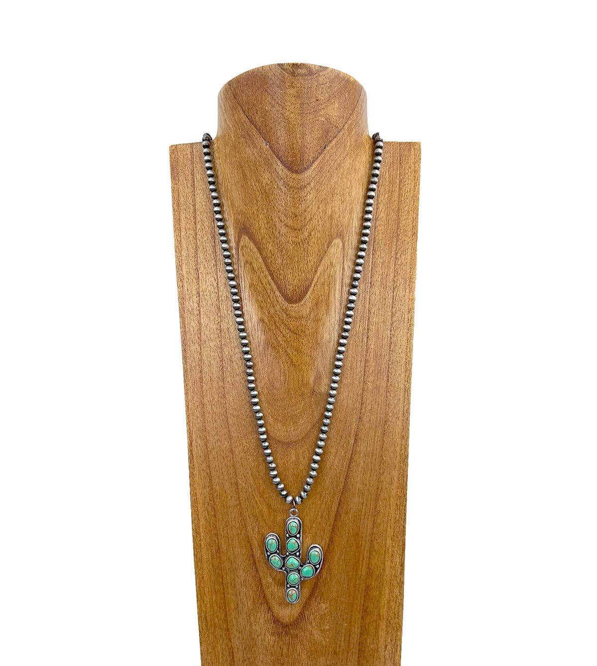 33" Silver Navajo pearl beads with green turquoise stone cactus pendent Necklace
