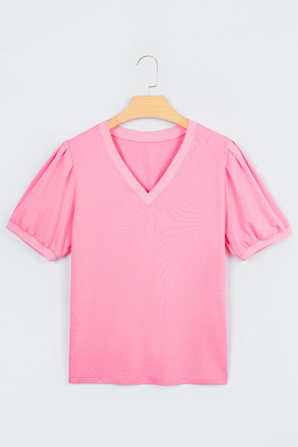 Solid Color V Neck Short Puff Sleeve Blouse