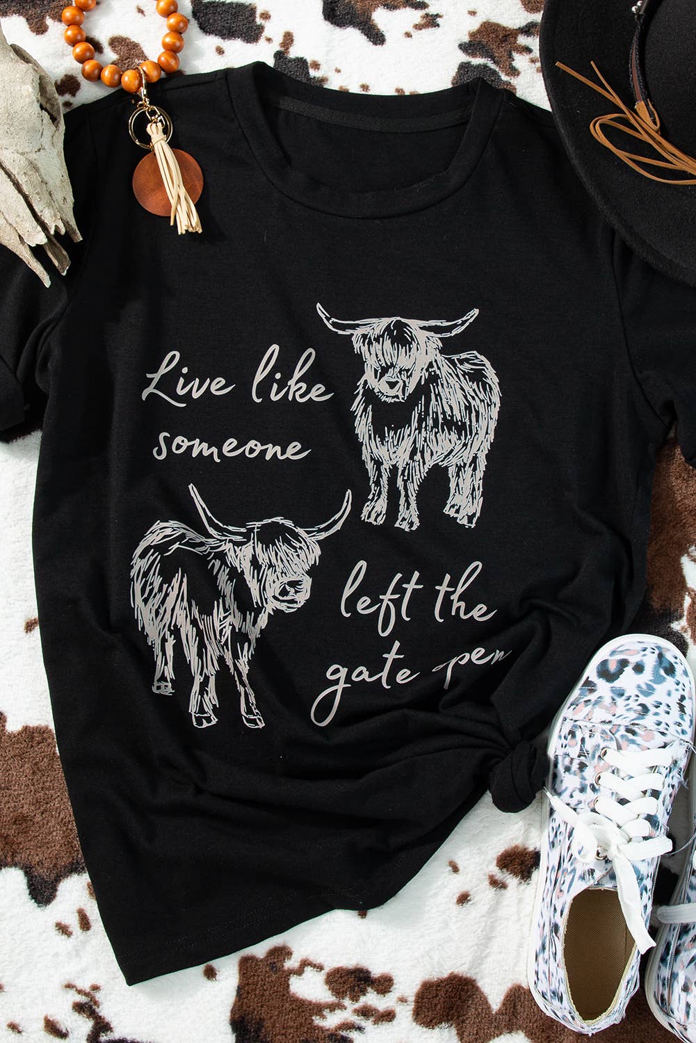 Western Cow Print Round Neck Casual Tee