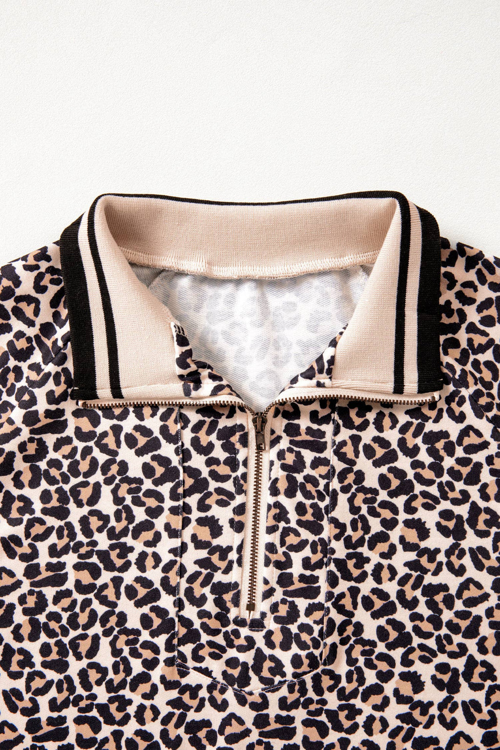 Leopard Half Zip Stripe Mock Neck Top