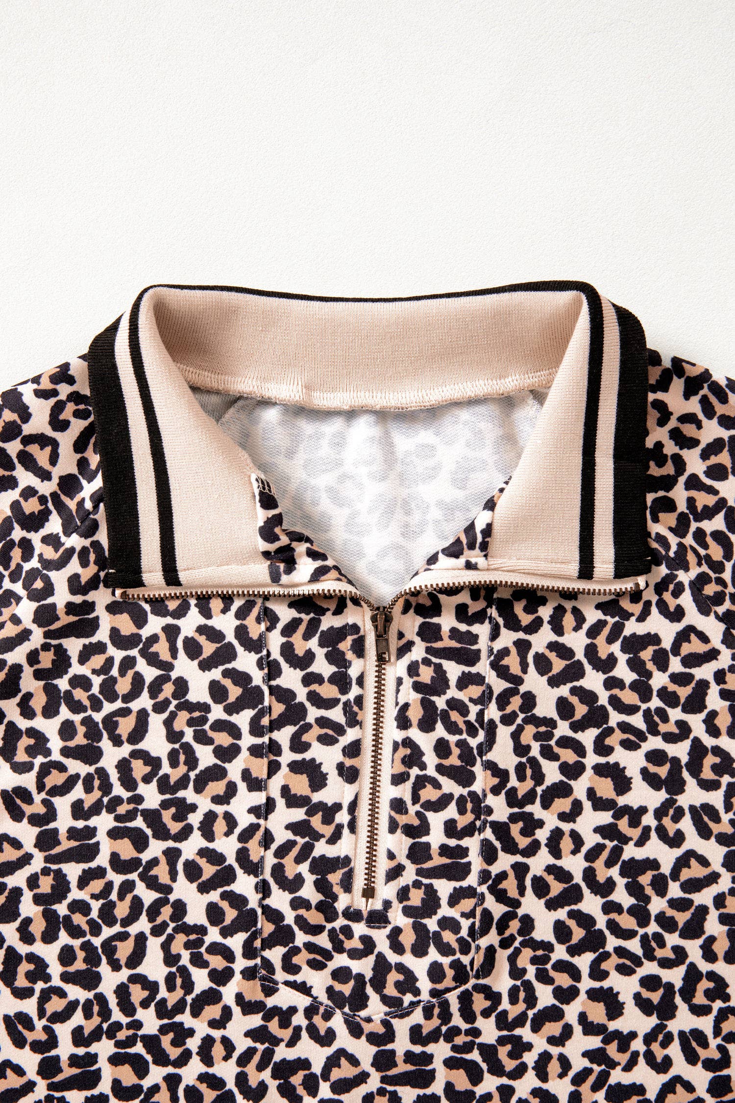Leopard Half Zip Stripe Mock Neck Top