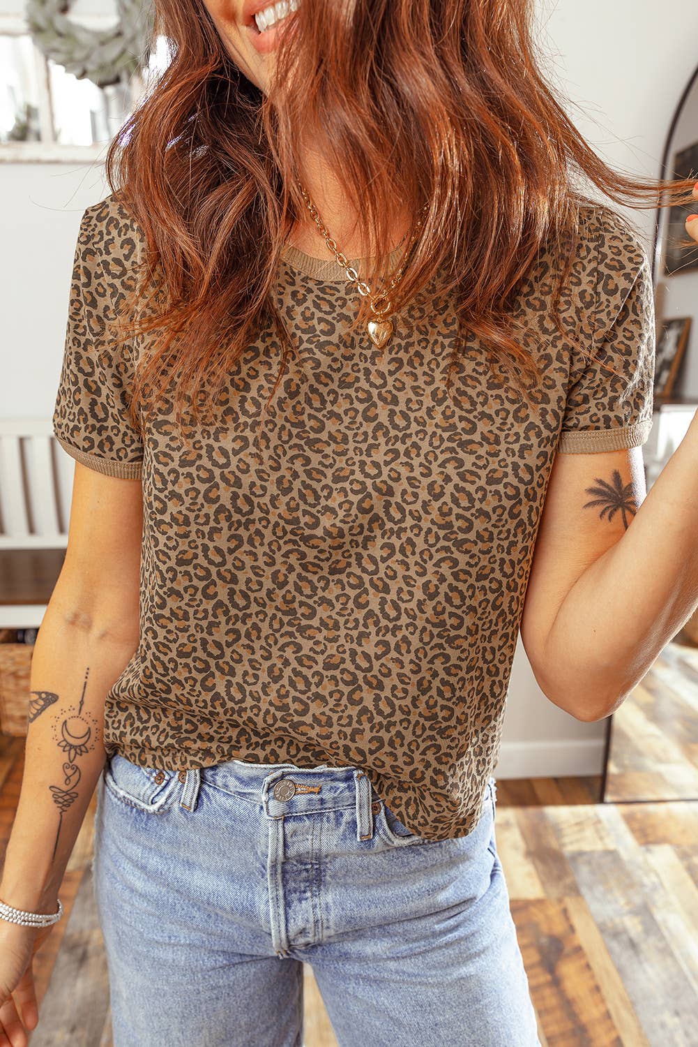 Leopard Print Ribbed Trim Round Neck Tee