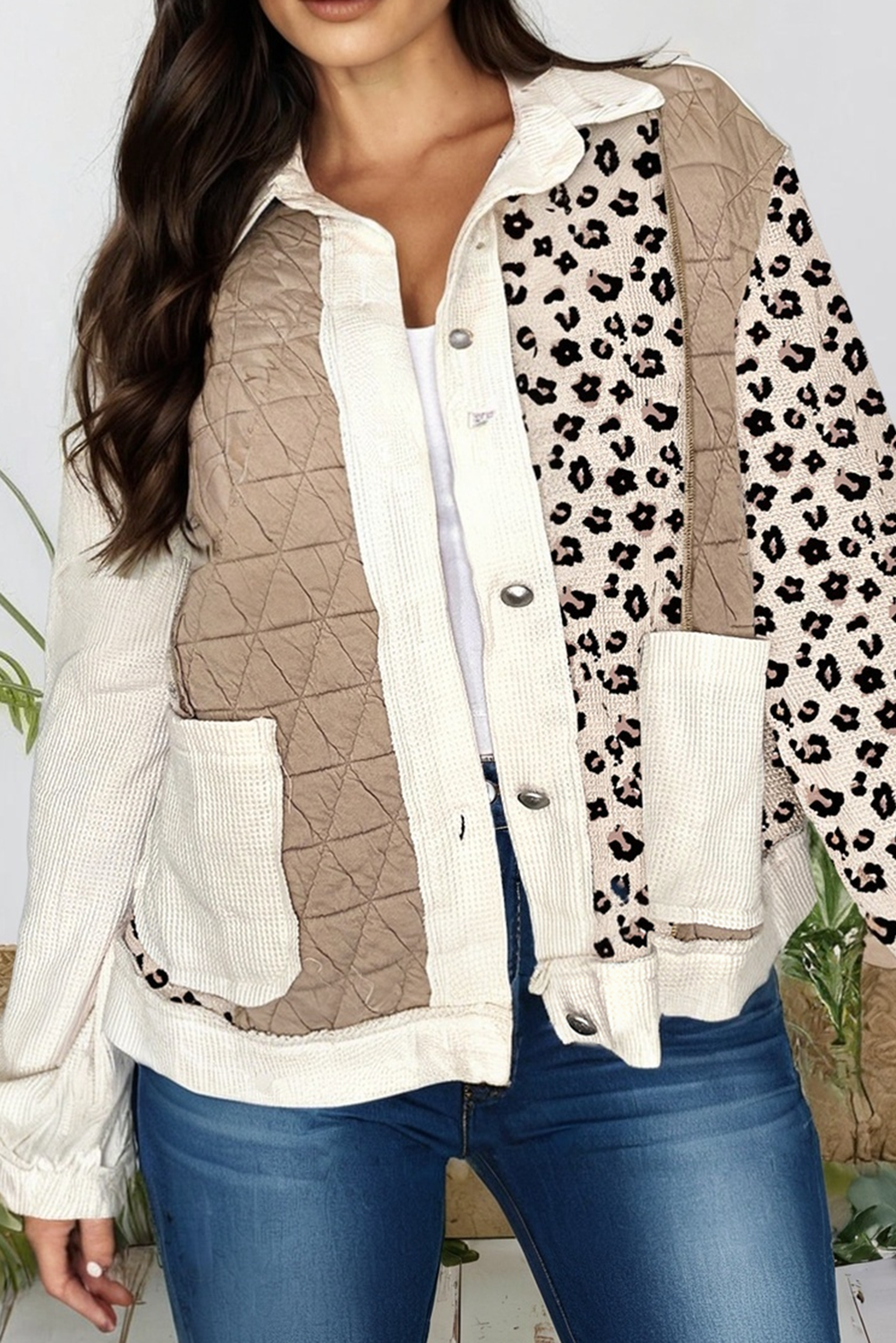 Leopard Waffle Quilted Patchwork Button Front Jacket
