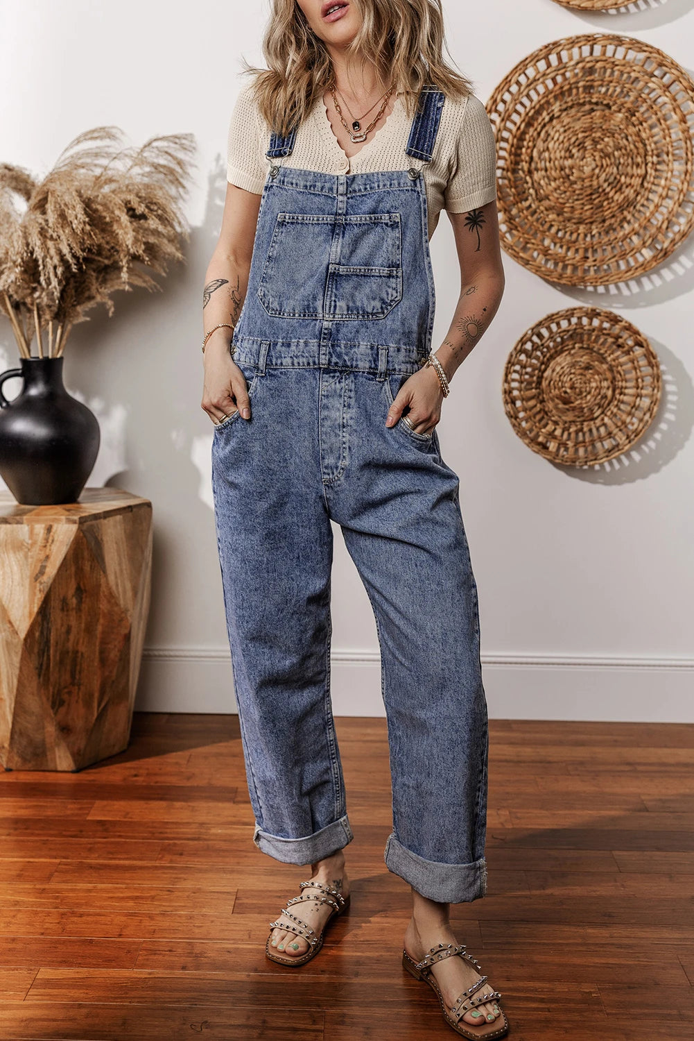 Sail Blue Denim Bib Straight Leg Jumpsuit
