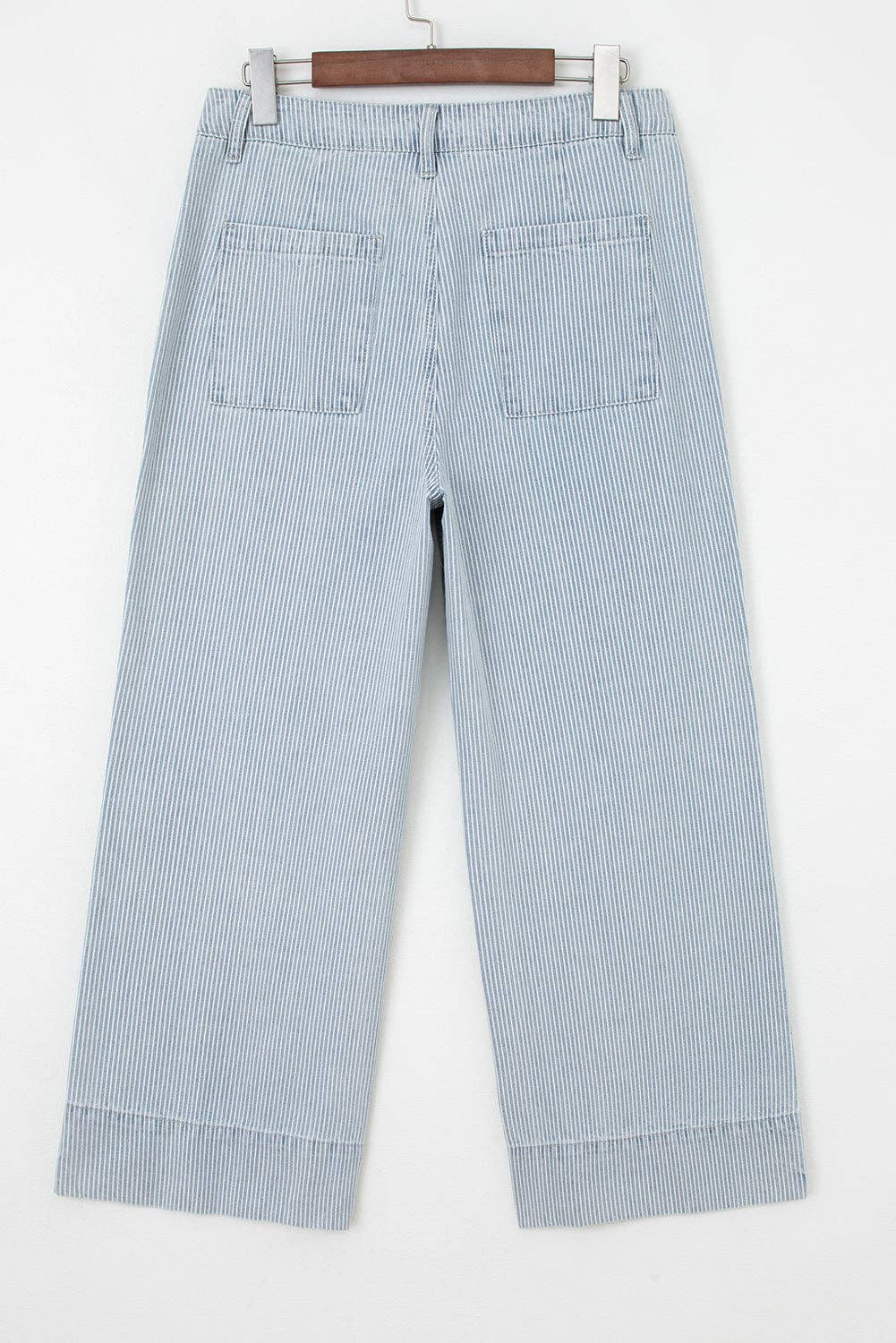 Stripe Button Flap Pocket Cuffed Hem Wide Leg Jeans