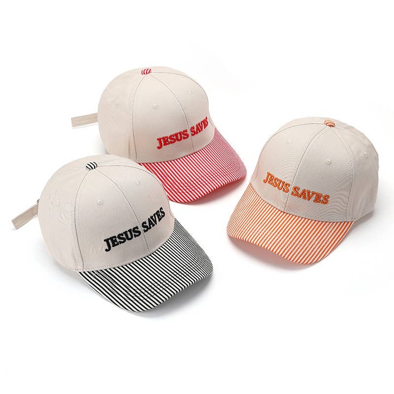 "JESUS SAVES" Striped Visor Embroidered Baseball Cap