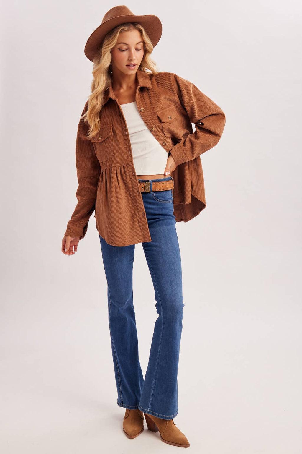 BUTTON DOWN CORDUROY PEPLUM SHACKET