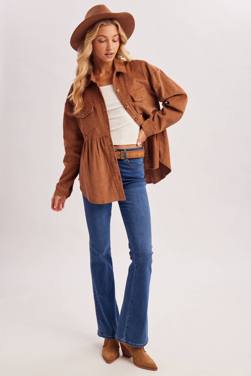 BUTTON DOWN CORDUROY PEPLUM SHACKET