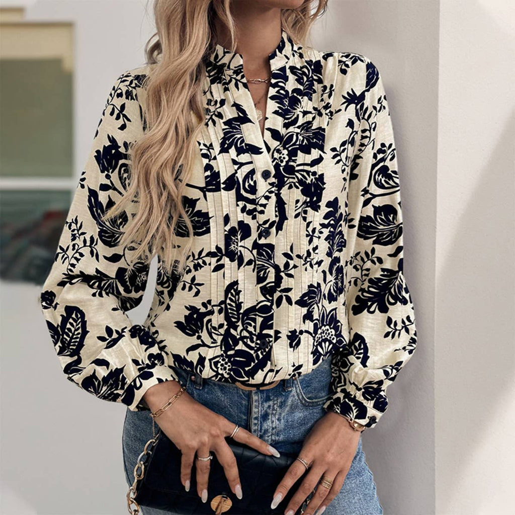 VINTAGE PRINTED STANDING COLLAR ELEGANT SHIRT