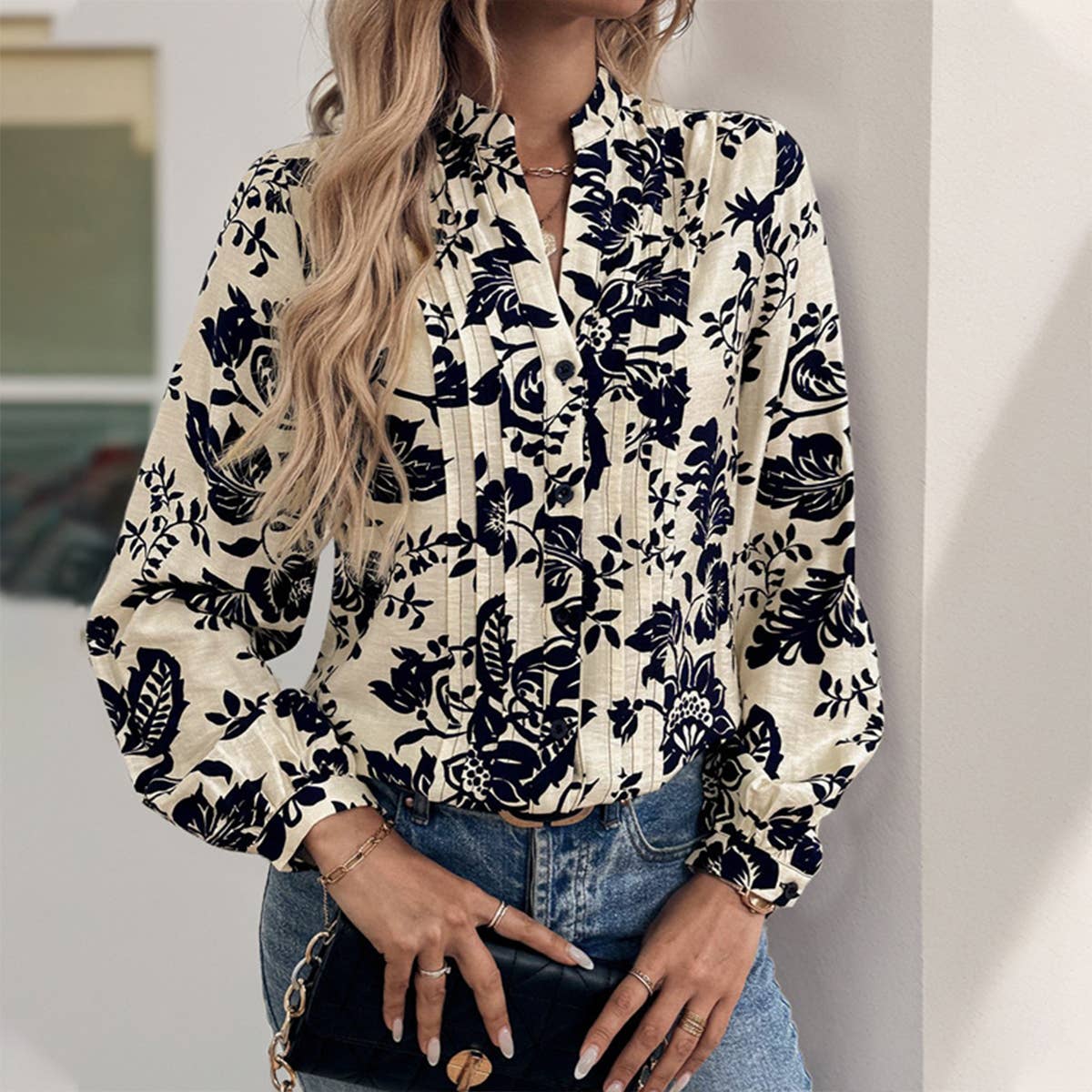 VINTAGE PRINTED STANDING COLLAR ELEGANT SHIRT