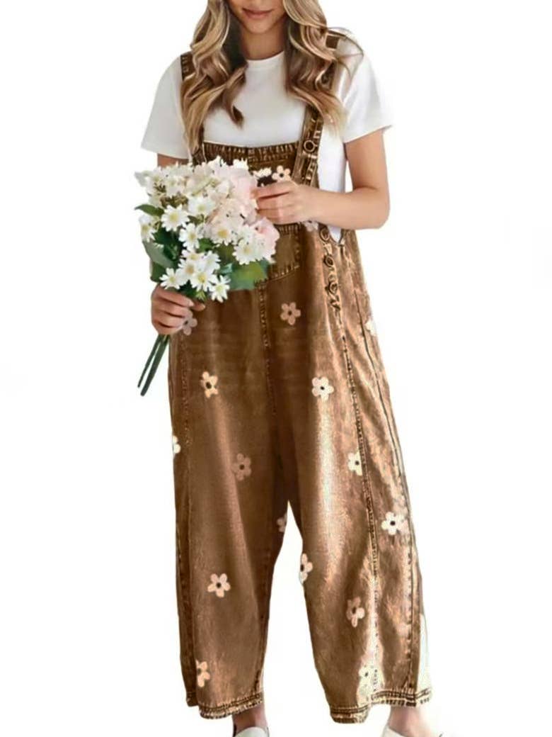 Western Rustic Floral Print Wide Leg Denim Overalls