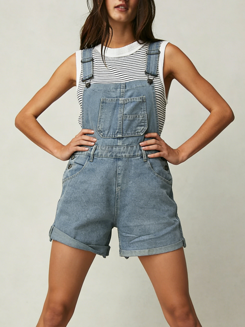 Washed Denim Short Overalls