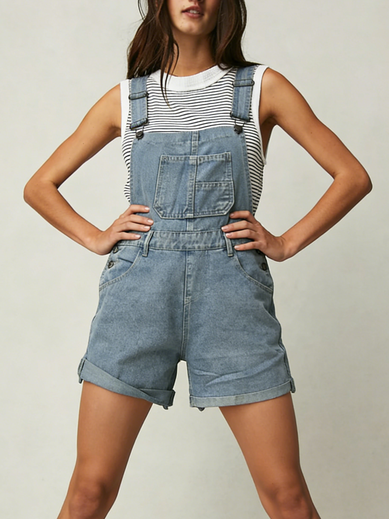 Washed Denim Short Overalls