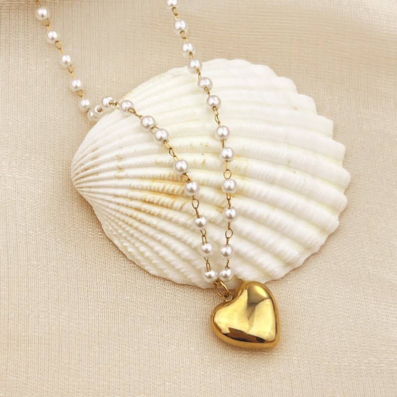 Pearl Chain Gold Heart Necklace