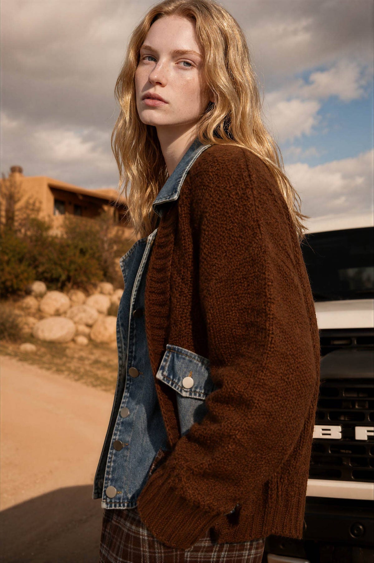 MIXED MEDIA CABLE KNIT DENIM TRIM JACKET