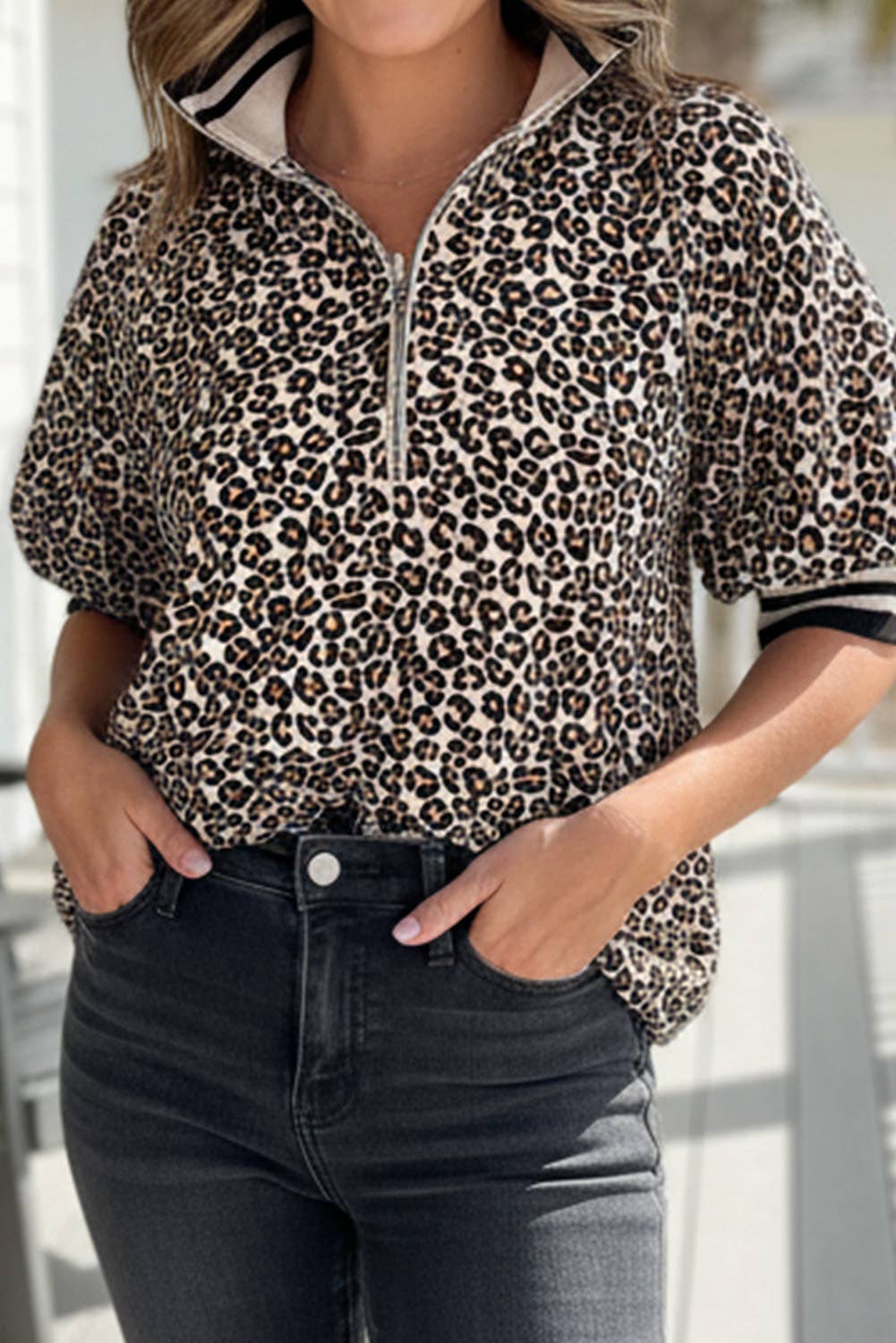 Leopard Half Zip Stripe Mock Neck Top