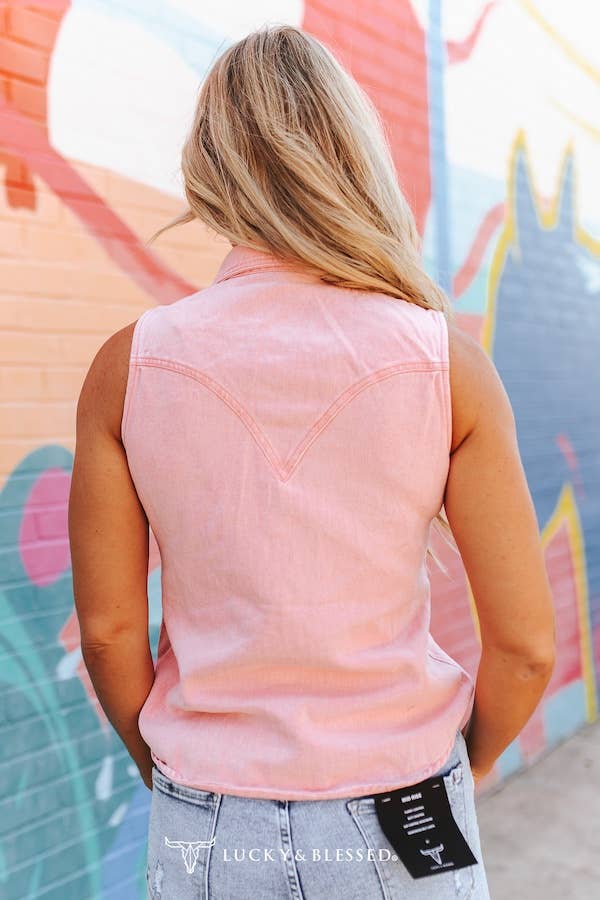 Plus Size Pink Sleeveless Vintage Wash Western Shirt