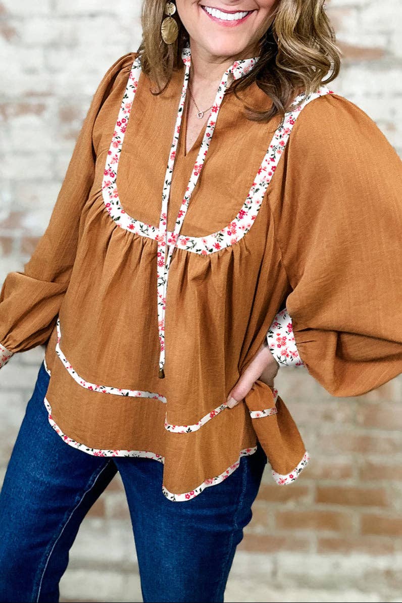 Floral Trim Pleated Puff Sleeve Blouse