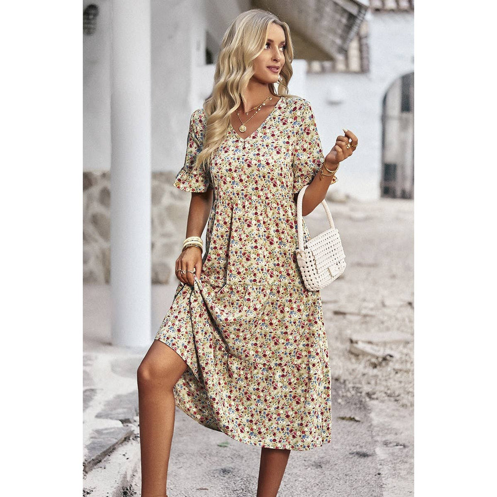 Boho Floral Ruffle Hem V Neck Short Sleeve Dress
