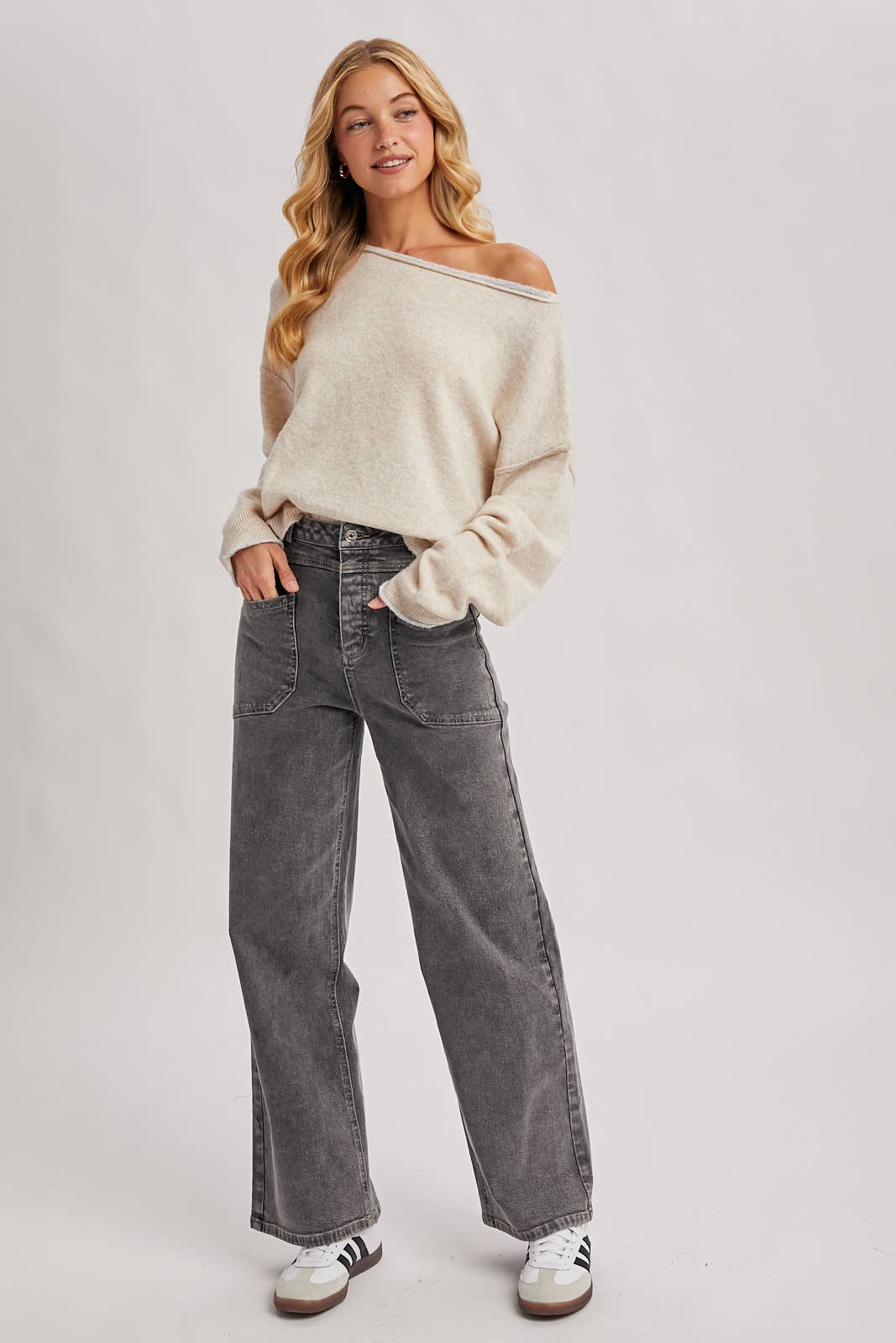 BOAT NECK ROLLED TRIM SOFT HEATHERED KNIT PULLOVER