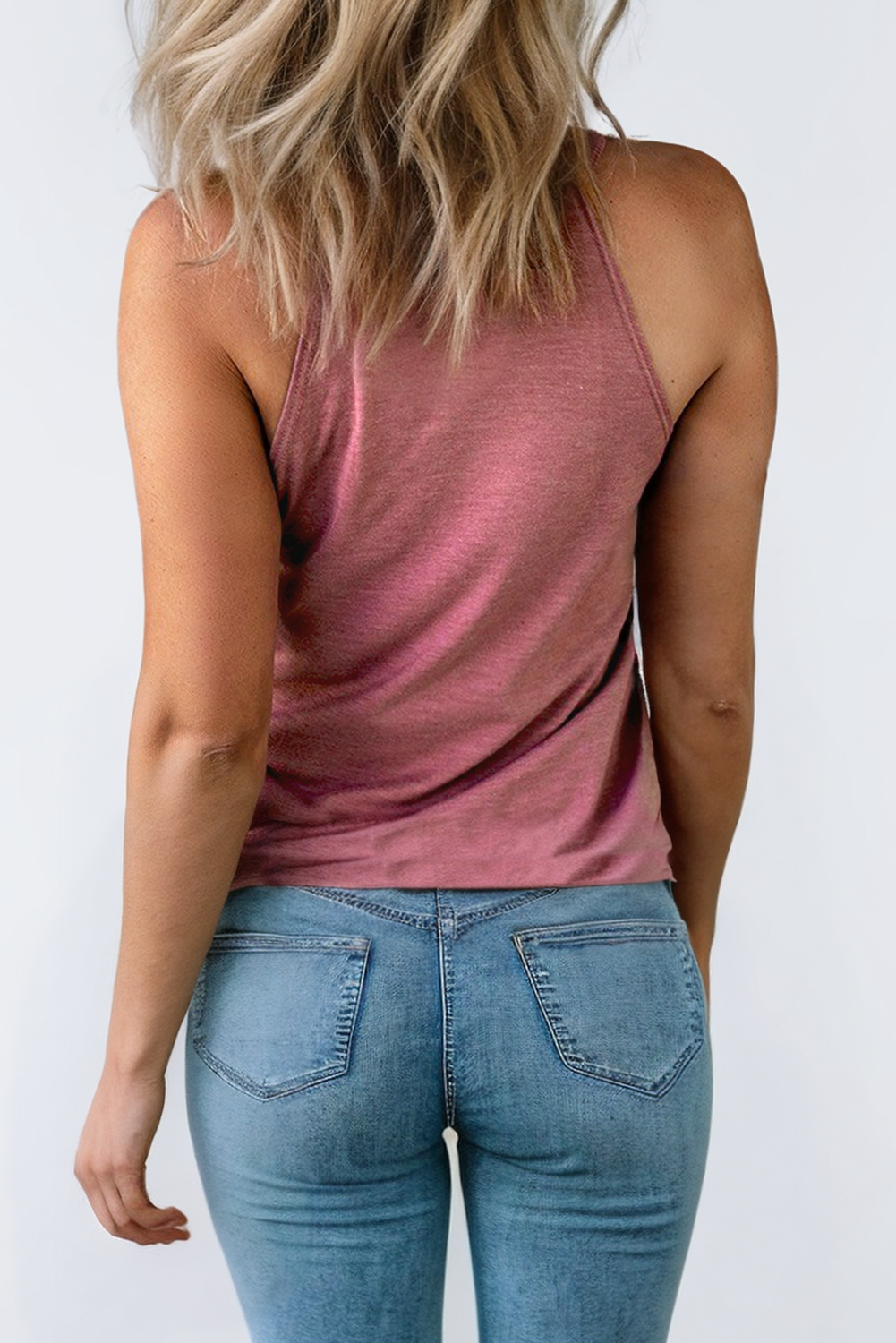 Pink Solid Color Crew Neck Tank Top