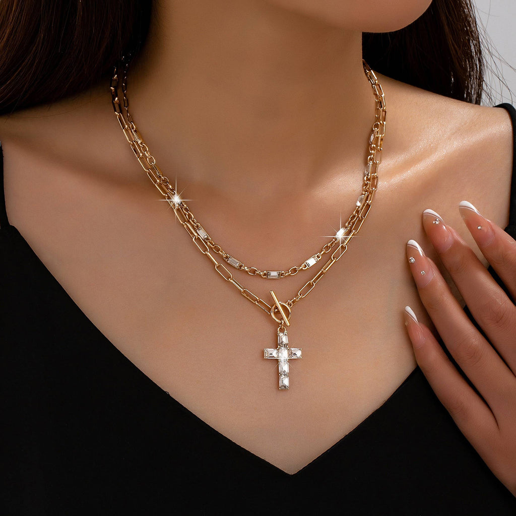 Layered Paperclip Chain Crystal Cross Necklace