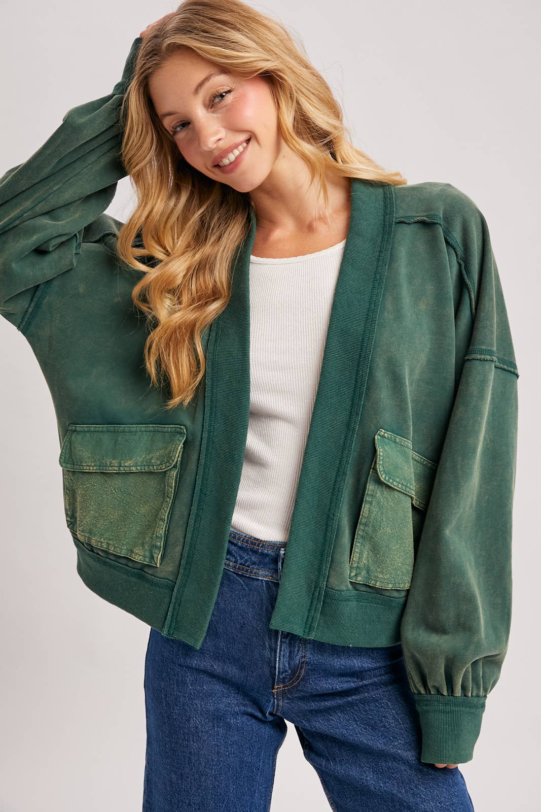 WASHED COLLARLESS OPEN FRONT CARDIGAN