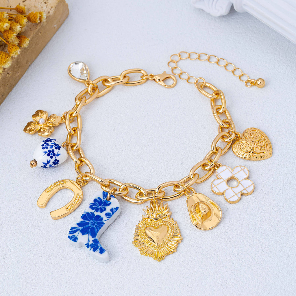 Blue & White Floral Western Charm Link Bracelet