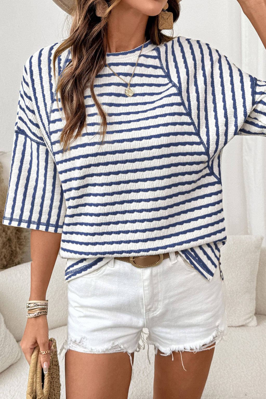 Stripe Textured Knit Split Hem Half Sleeve Top