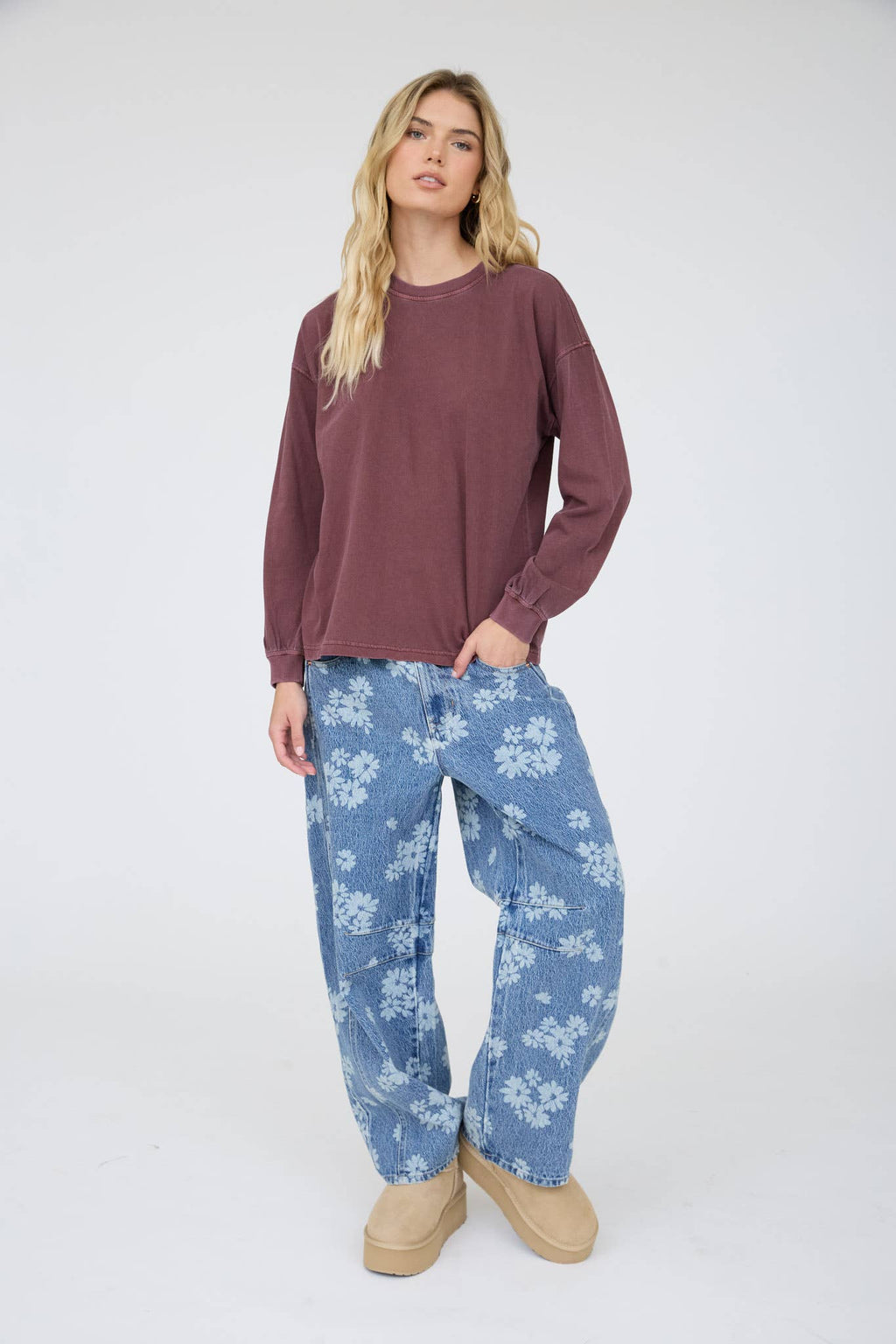 WASHED CREW NECK LONG SLEEVE KNIT TOP