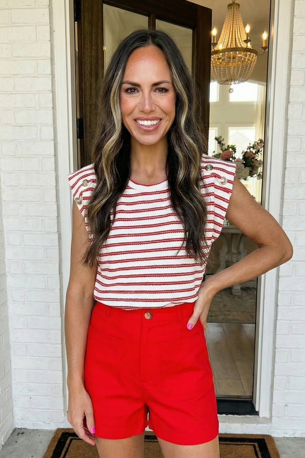 Stripe Textured Knit Button Detail Casual Tee