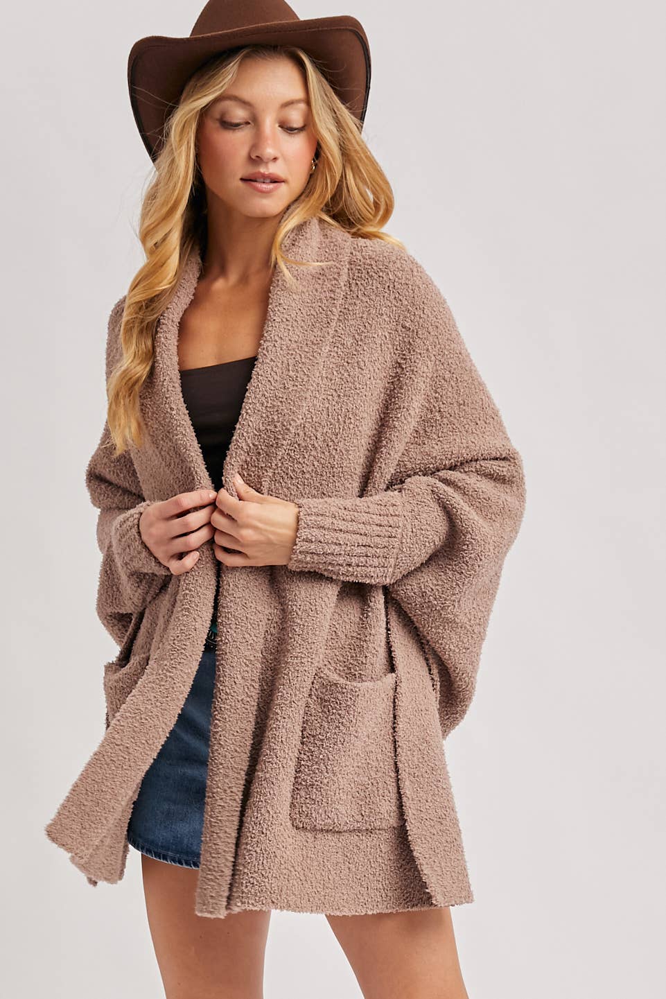 OPEN FRONT BLANKET WRAP BOUCLE KNIT SWEATER CARDIGAN