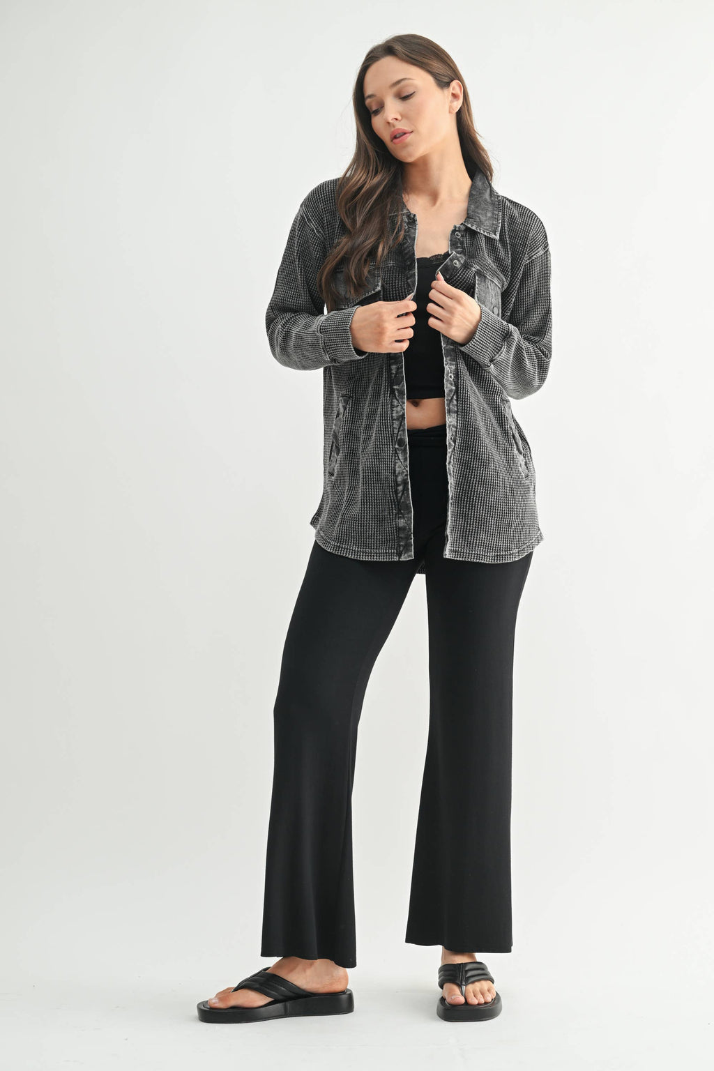 Waffle Knit Mineral-Washed Button Down Jacket