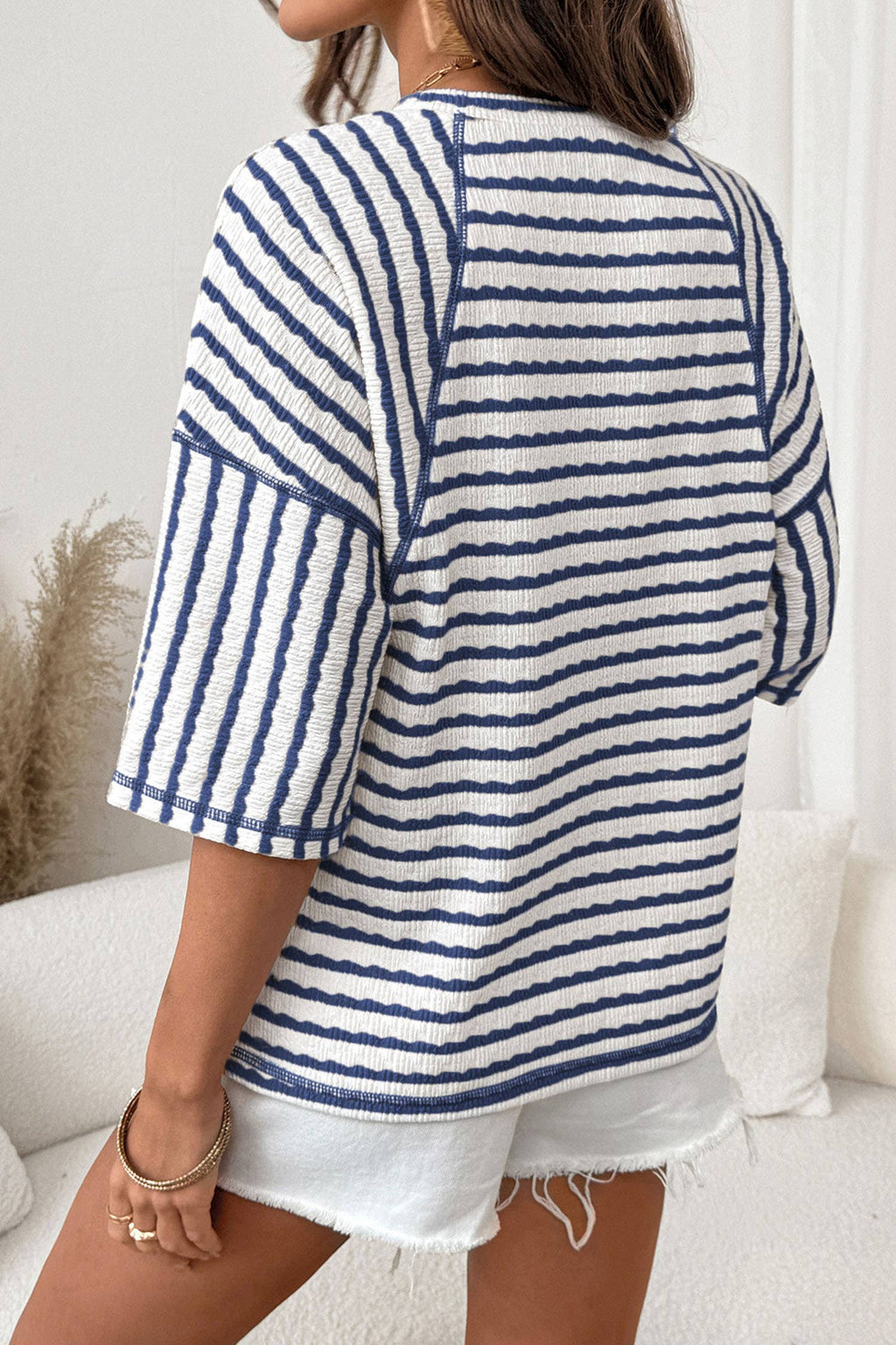 Stripe Textured Knit Split Hem Half Sleeve Top