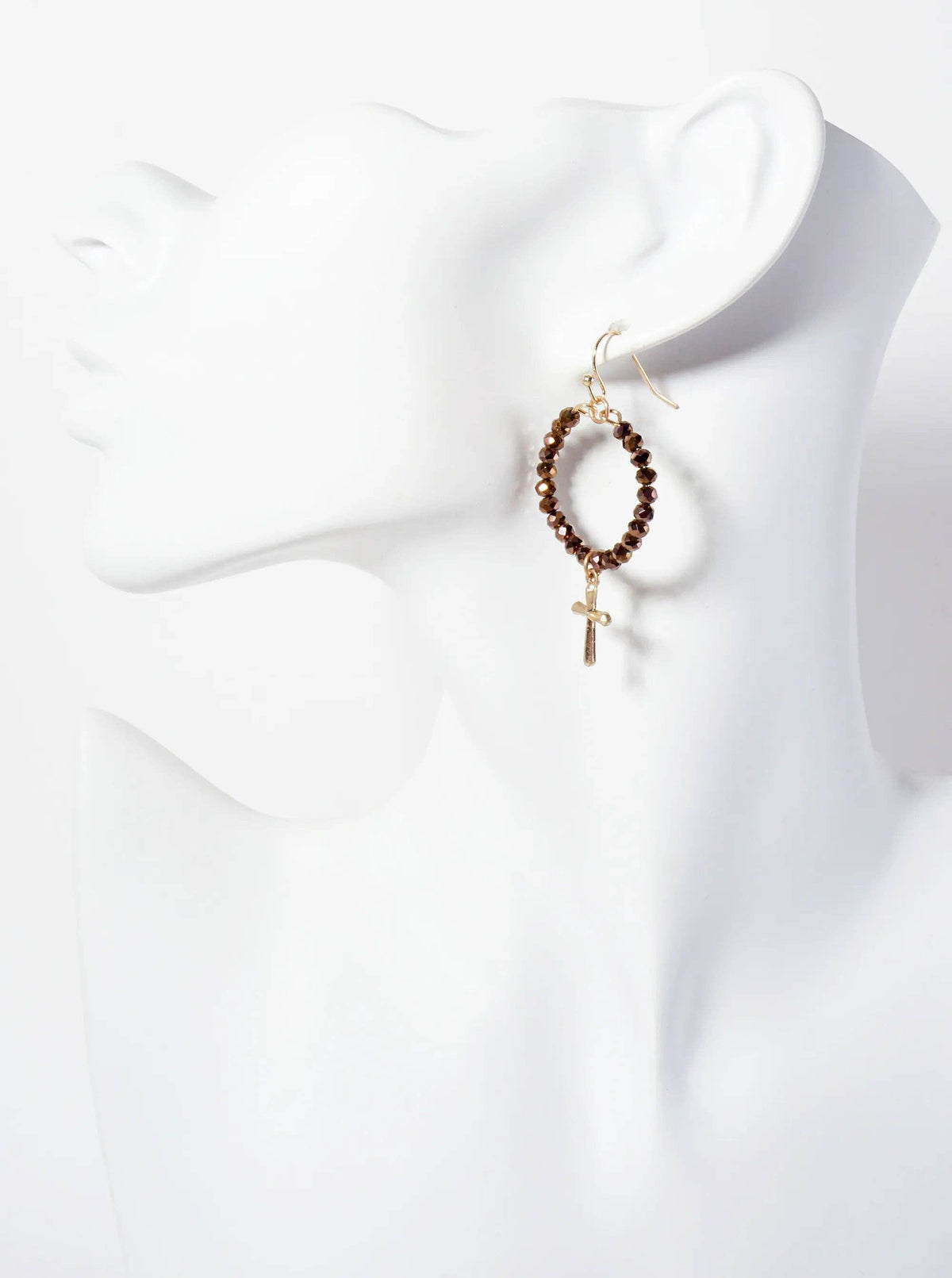 3PC-Set Semi-Precious Natural-Stone & Glass-Bead Cross Design Dangle Stud Earrings