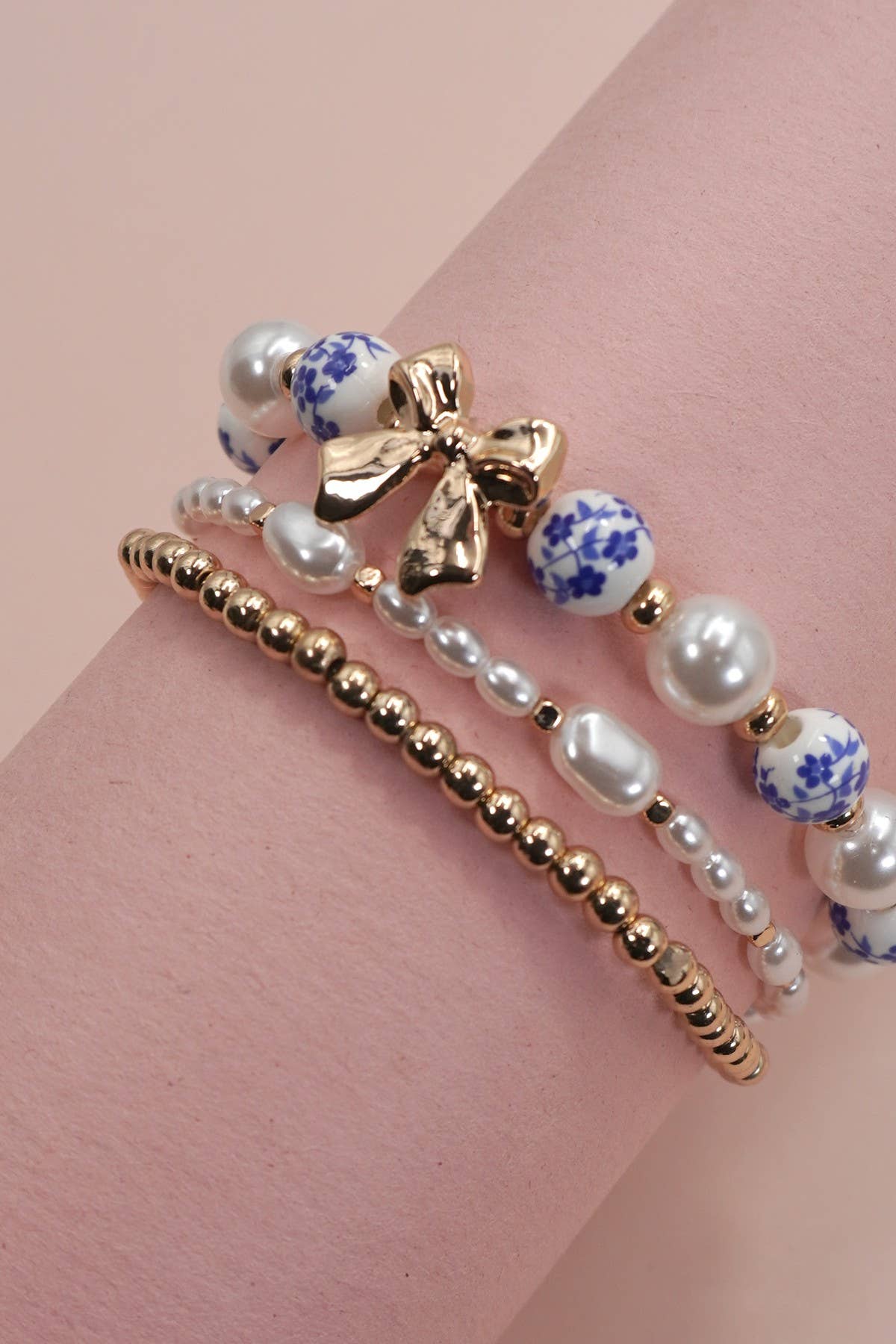 Blue Ceramic Porcelain Bow Multi Layer Bracelet Set