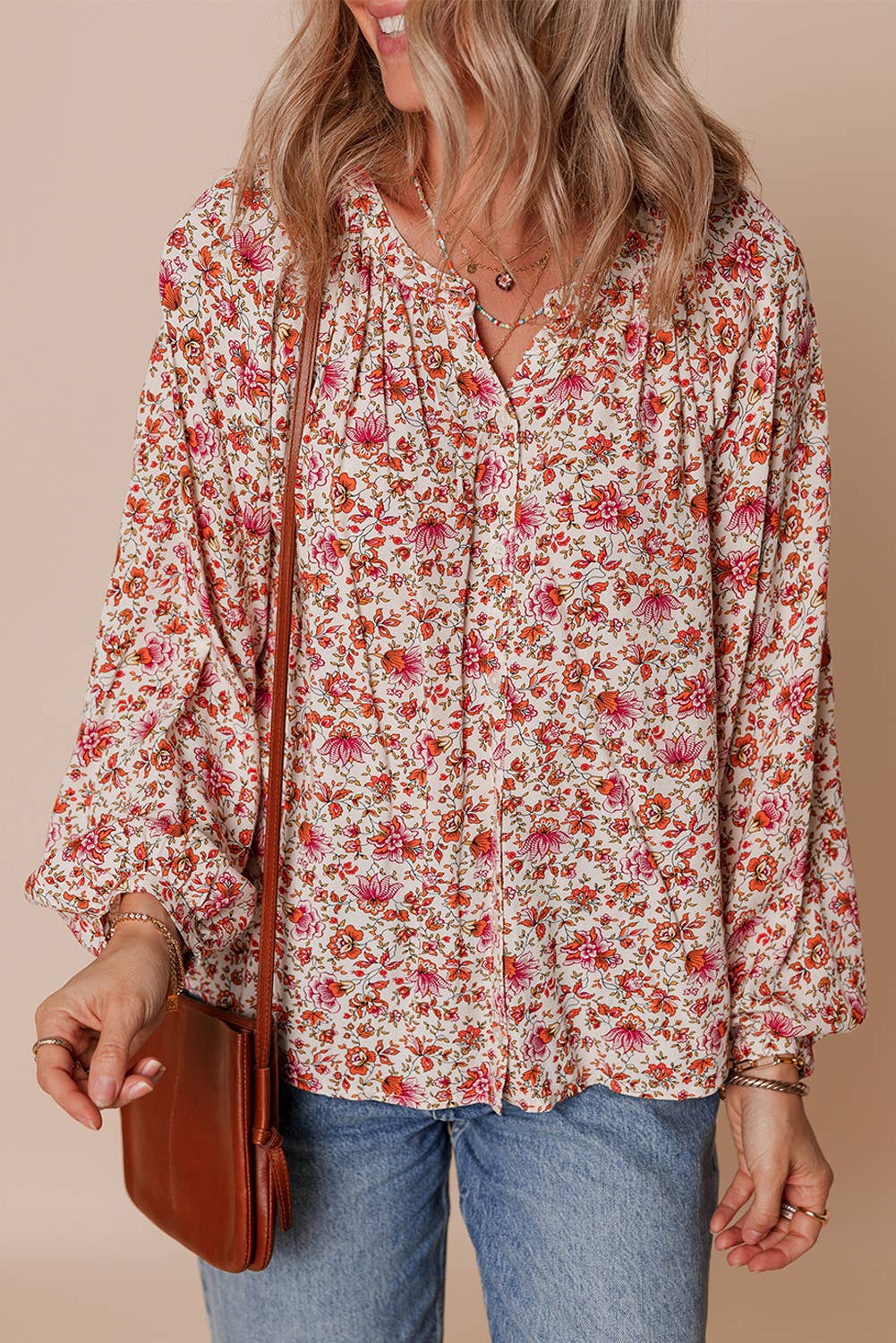 Floral Print Pleated Detail Notched Neck Blouse