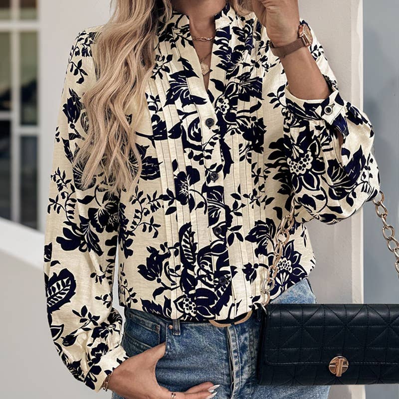 VINTAGE PRINTED STANDING COLLAR ELEGANT SHIRT