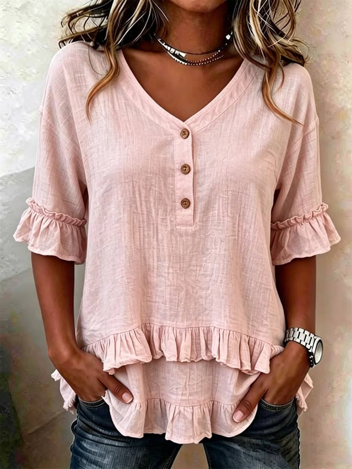 V-Neck Half Button Ruffle Hem Blouse