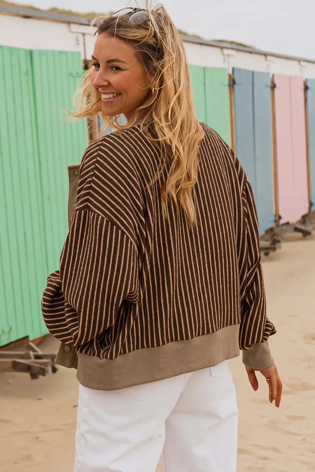 Striped V Neck Patchwork Long Sleeve Regular Fit Cardigan