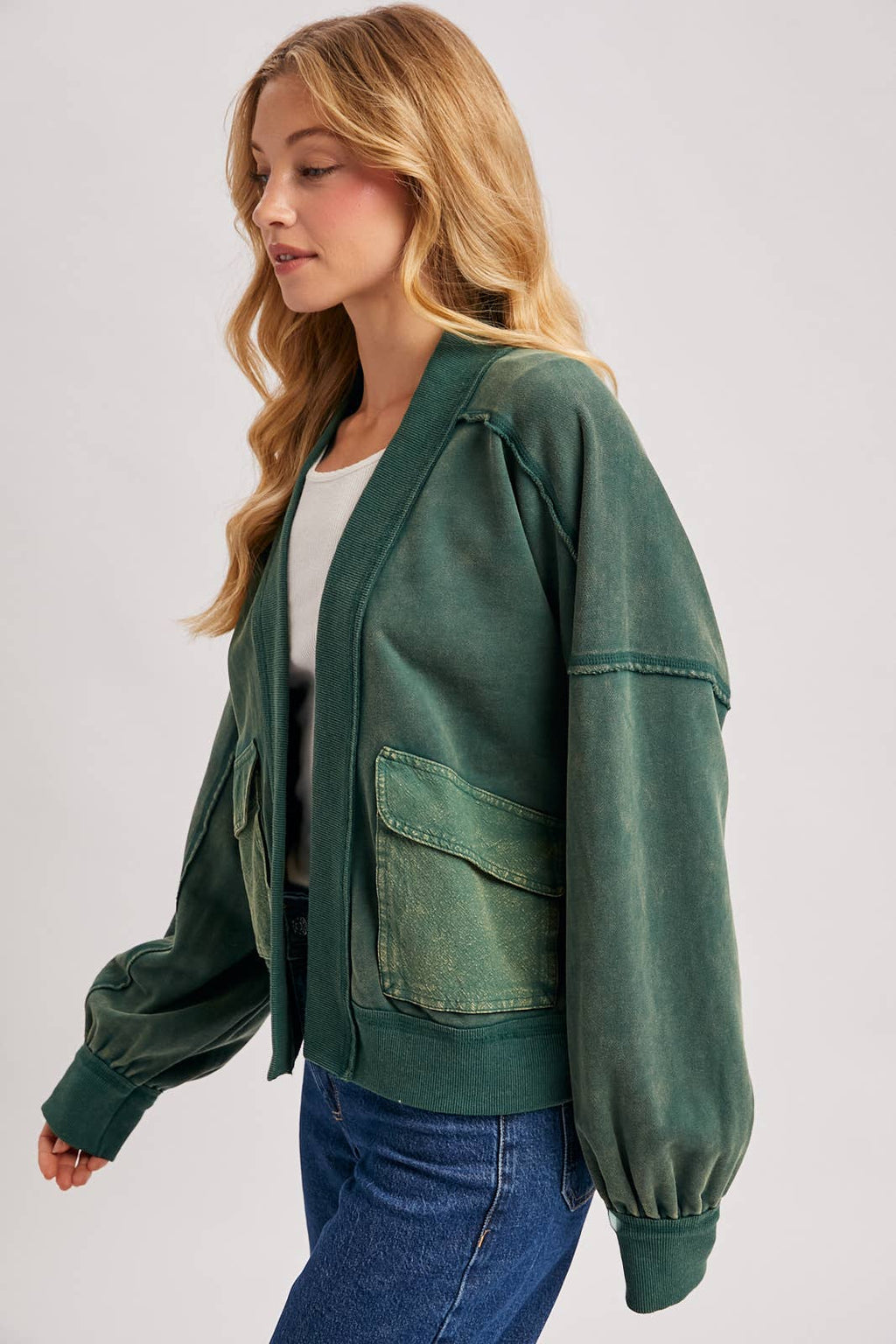 WASHED COLLARLESS OPEN FRONT CARDIGAN
