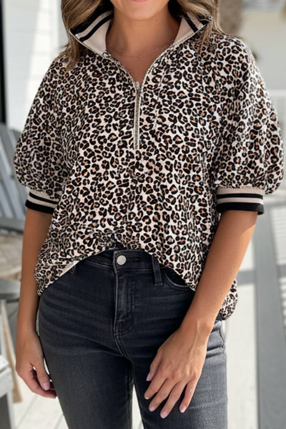 Leopard Half Zip Stripe Mock Neck Top