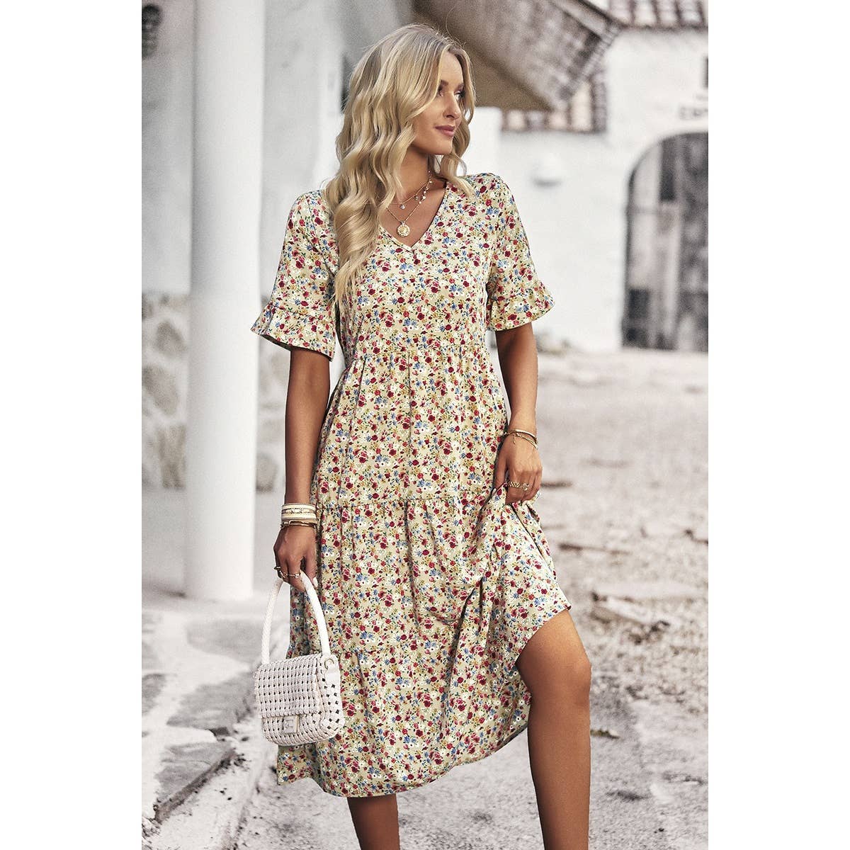 Boho Floral Ruffle Hem V Neck Short Sleeve Dress