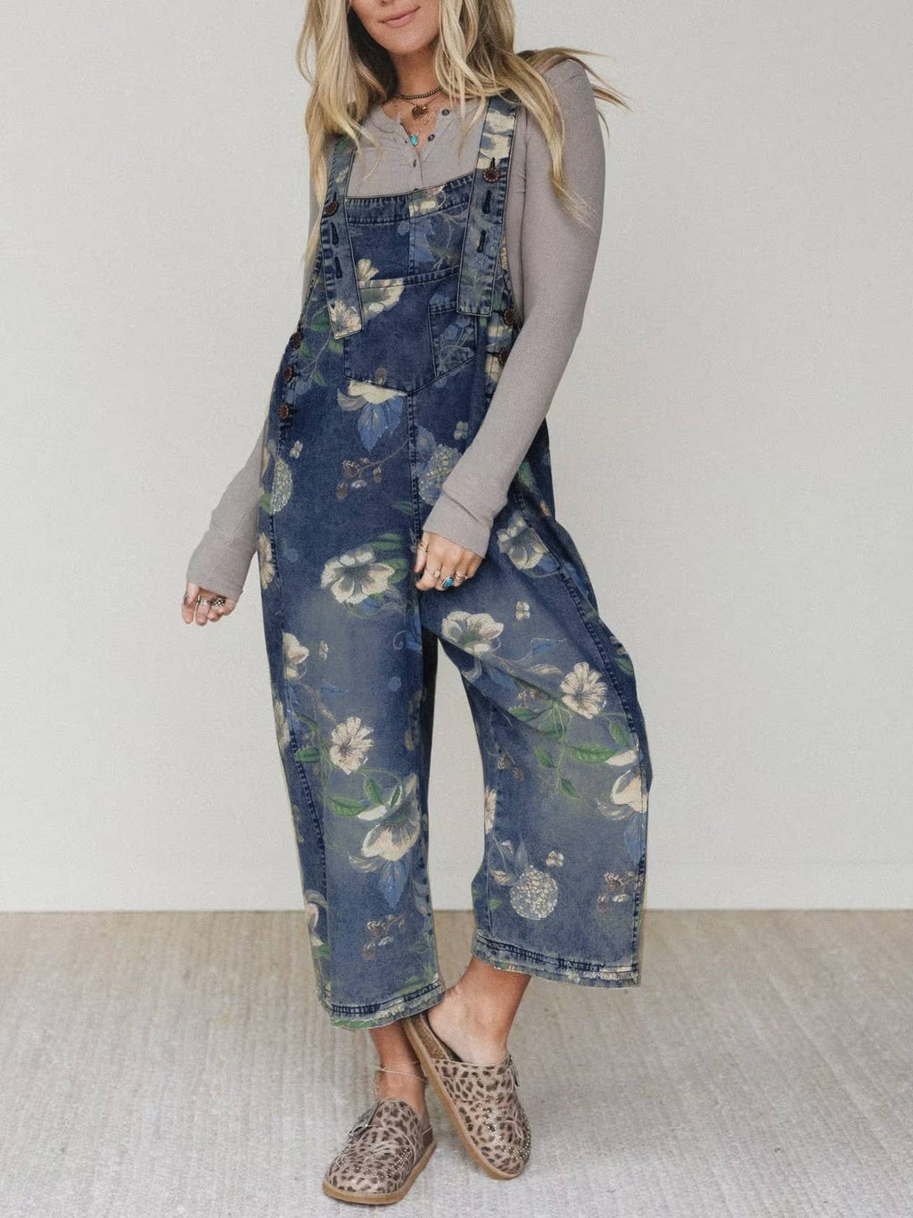 Boho Floral Print Denim Overalls with Adjustable Straps