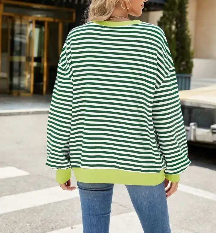 Striped Crew Neck Contrast Color Loose Long Sleeve Sweater